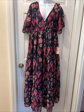 VENUS Navy Flutter Sleeve Maxi Dress with Pink Floral Print boho hippie whimsy